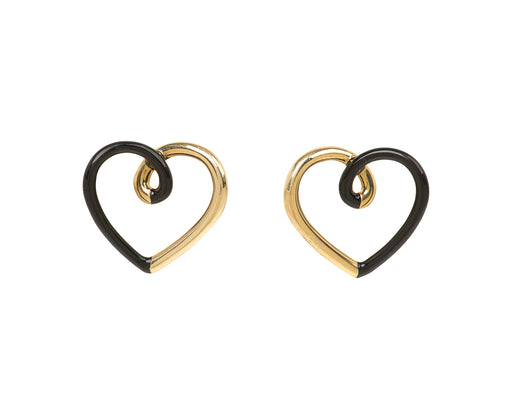 Black Enamel and Gold Heart Stud Earrings