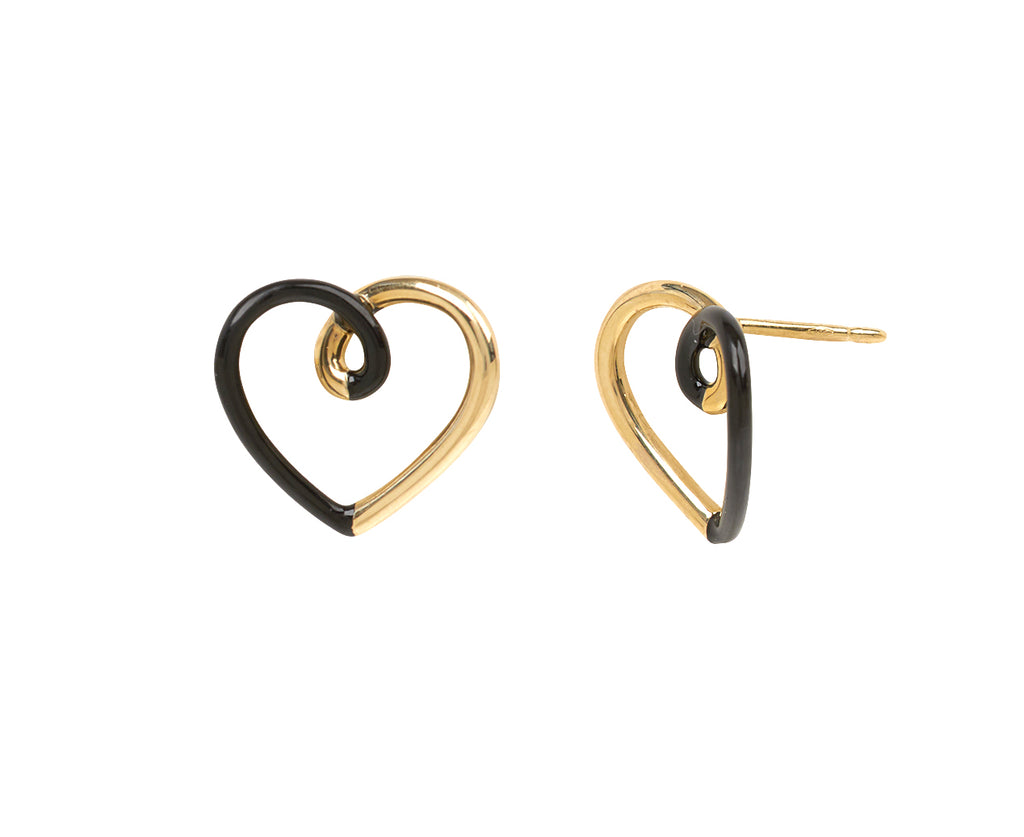Black Enamel and Gold Heart Stud Earrings