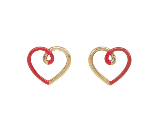 Red Enamel and Gold Heart Stud Earrings