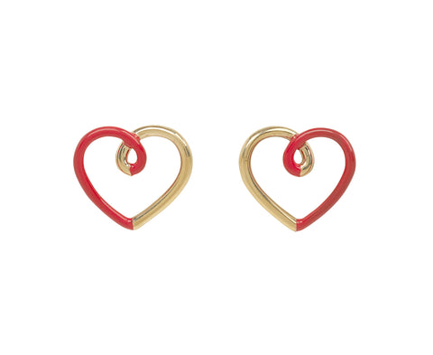 Red Enamel and Gold Heart Stud Earrings