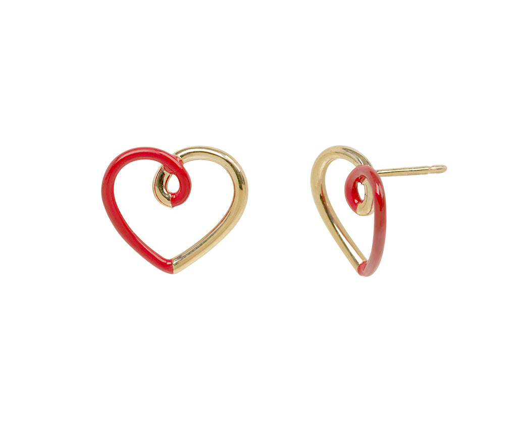 Red Enamel and Gold Heart Stud Earrings