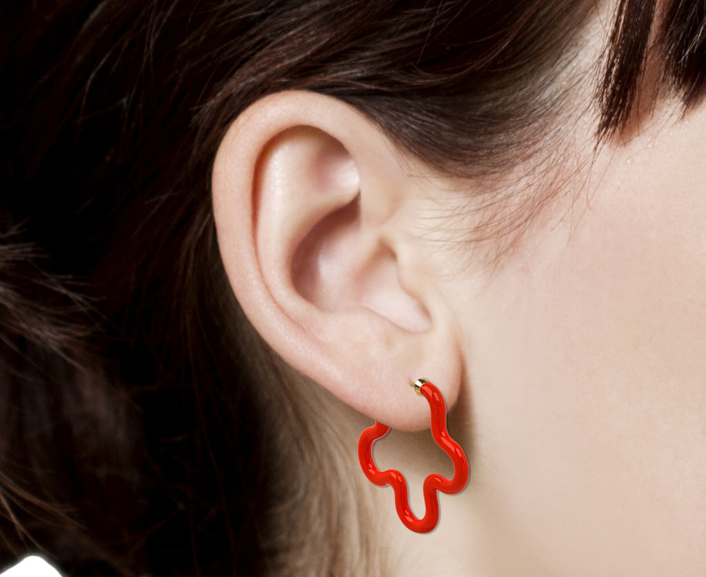 Bea Bongiasca Japanese Orange and Orange Enamel Asymmetrical Flower Earrings - Closeup Profile