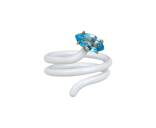 White Enamel Blue Topaz Long Vine Ring