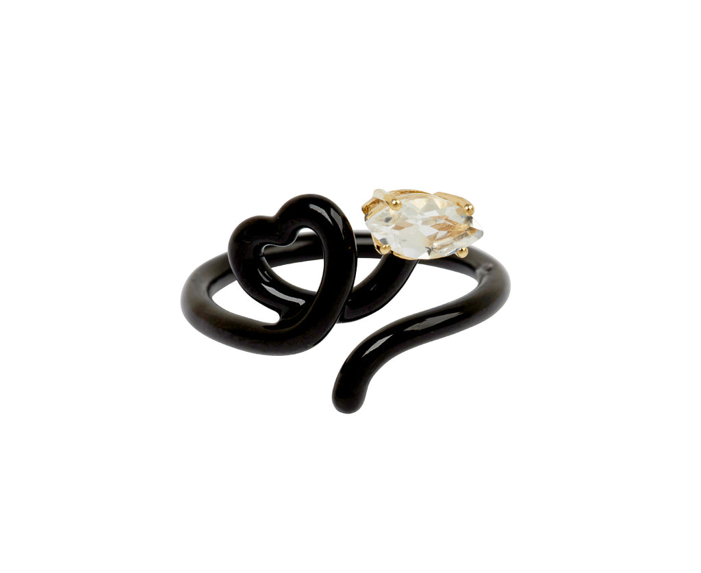 Black Enamel and Rock Crystal Baby Vine Heart Ring