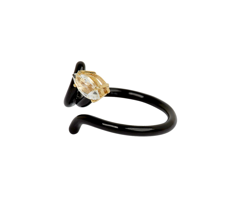 Black Enamel and Rock Crystal Baby Vine Heart Ring