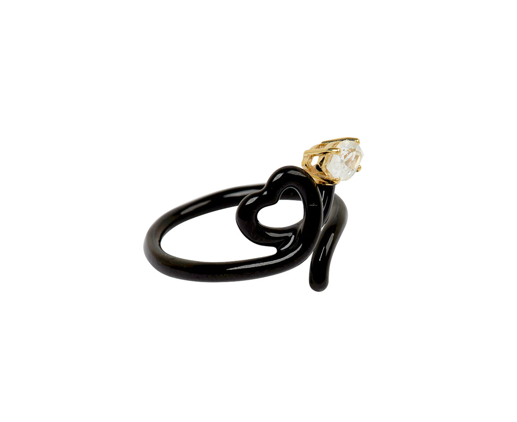 Black Enamel and Rock Crystal Baby Vine Heart Ring