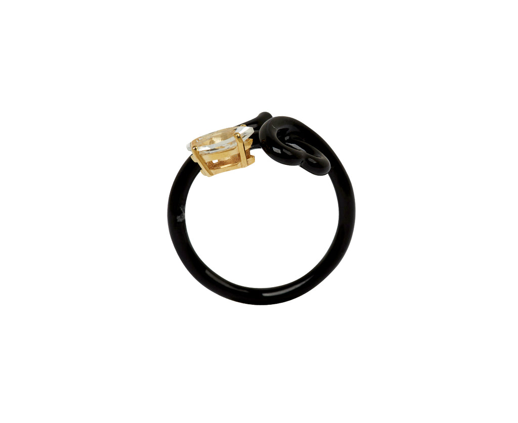 Black Enamel and Rock Crystal Baby Vine Heart Ring