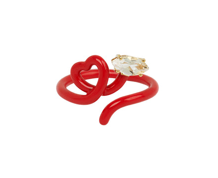 Red Enamel and Rock Crystal Baby Vine Heart Ring