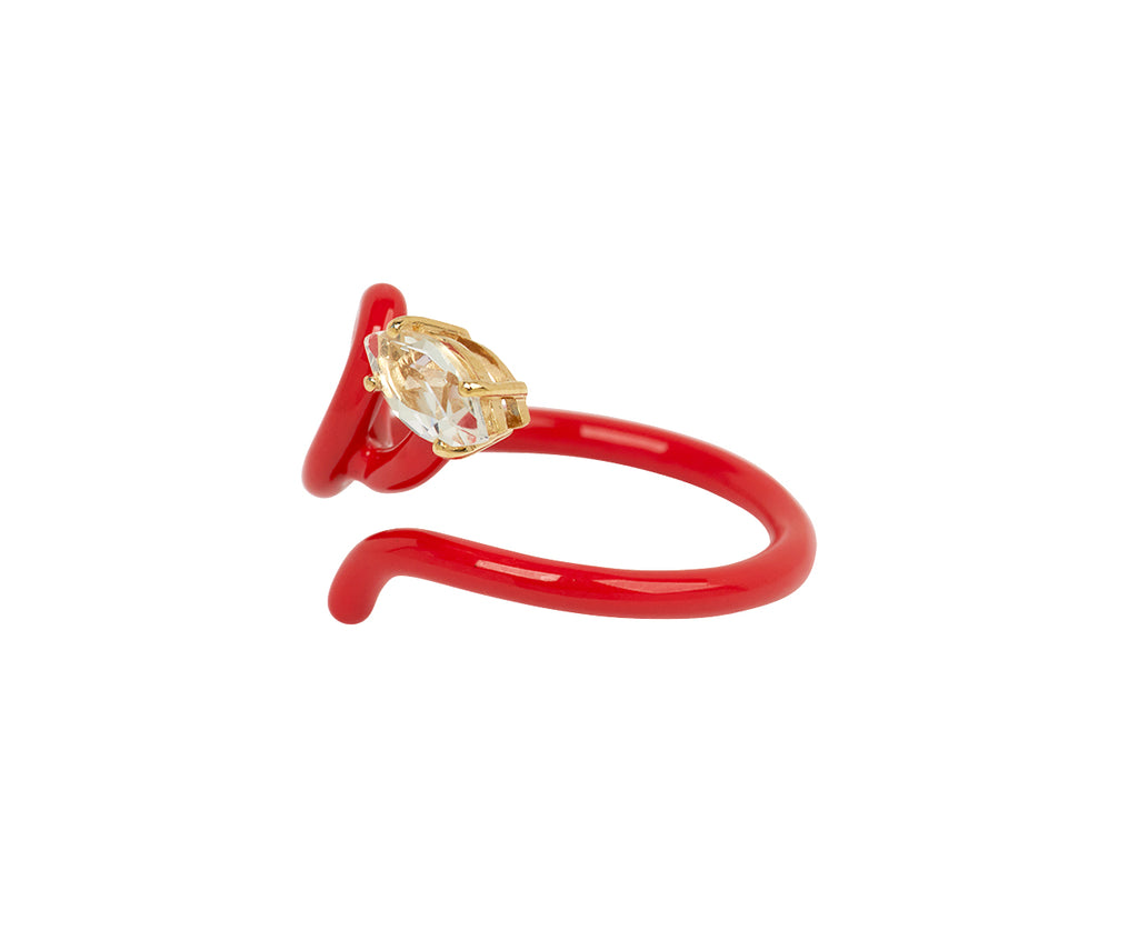 Red Enamel and Rock Crystal Baby Vine Heart Ring