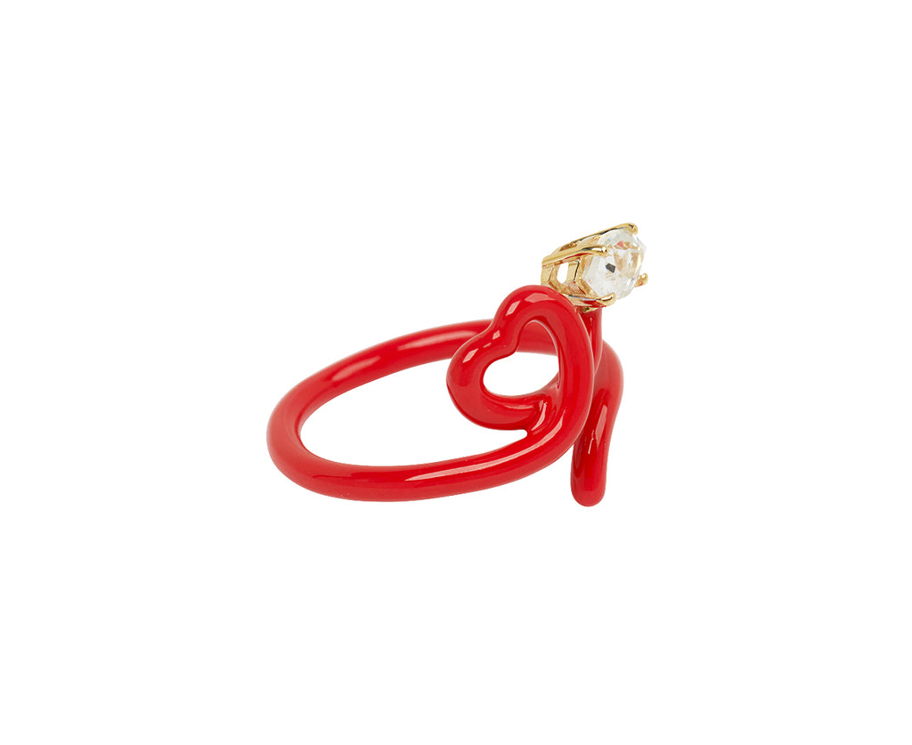 Red Enamel and Rock Crystal Baby Vine Heart Ring