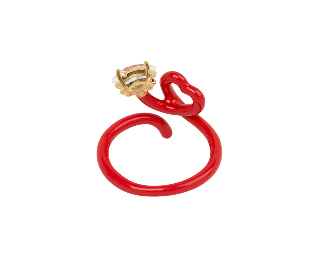 Red Enamel and Rock Crystal Baby Vine Heart Ring
