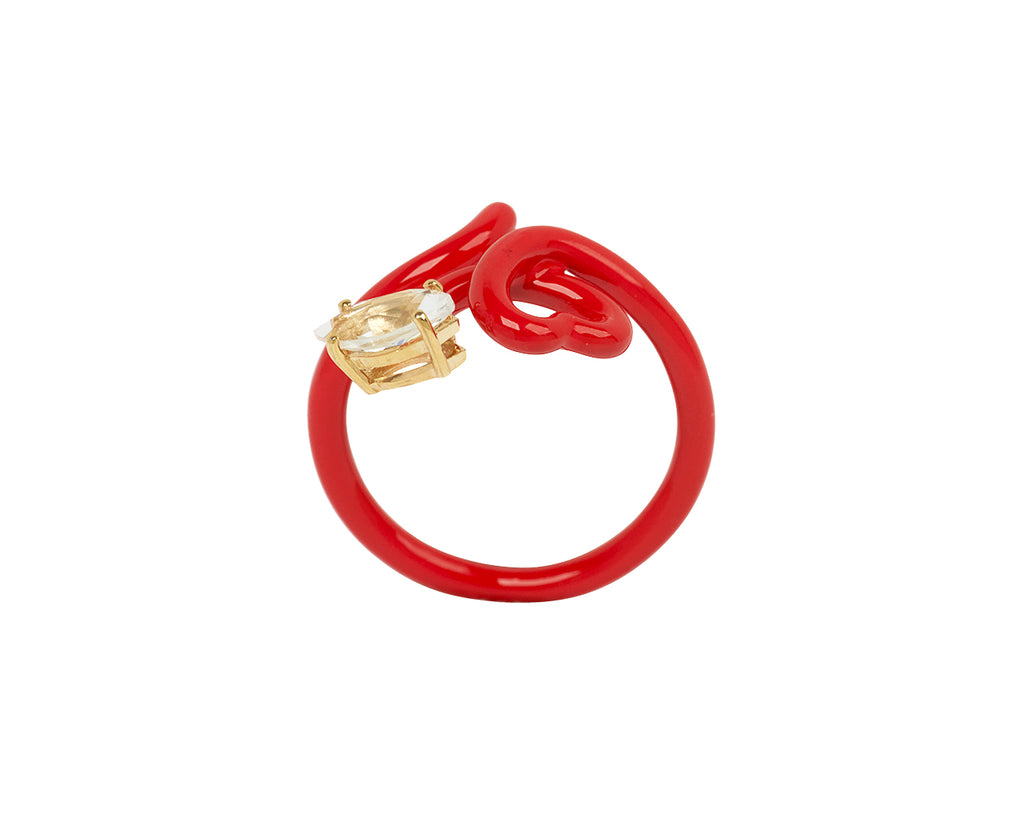 Red Enamel and Rock Crystal Baby Vine Heart Ring