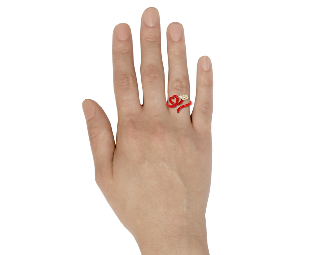 Red Enamel and Rock Crystal Baby Vine Heart Ring