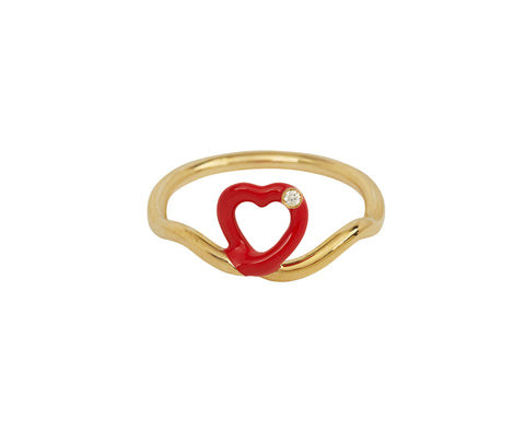 Red Enamel and Diamond Heart Ring