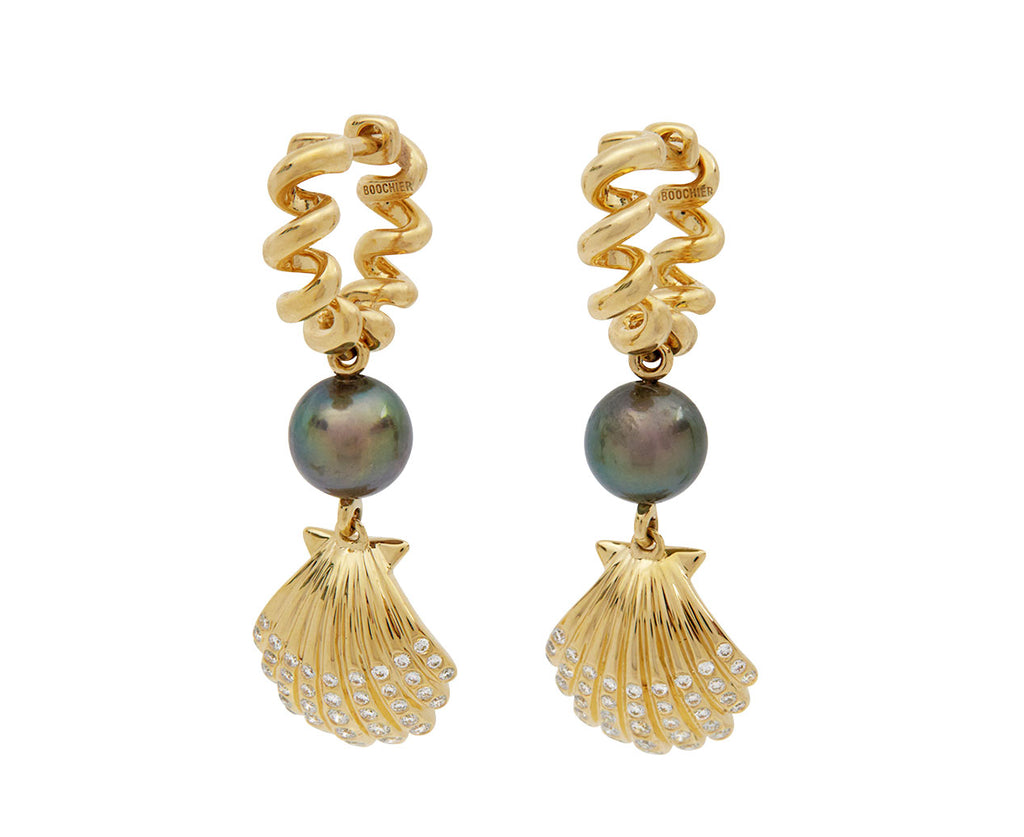 Gray Pearl Diamond Shell Beaching Hoop Earrings