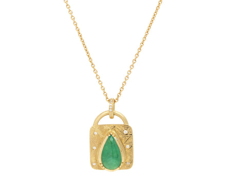 Emerald Engraved Lock Pendant Necklace
