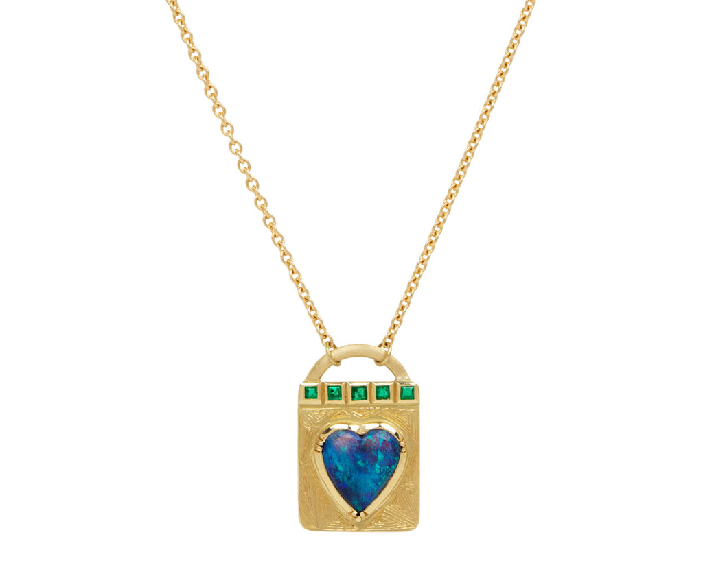Opal and Emerald Engraved Lock Necklace