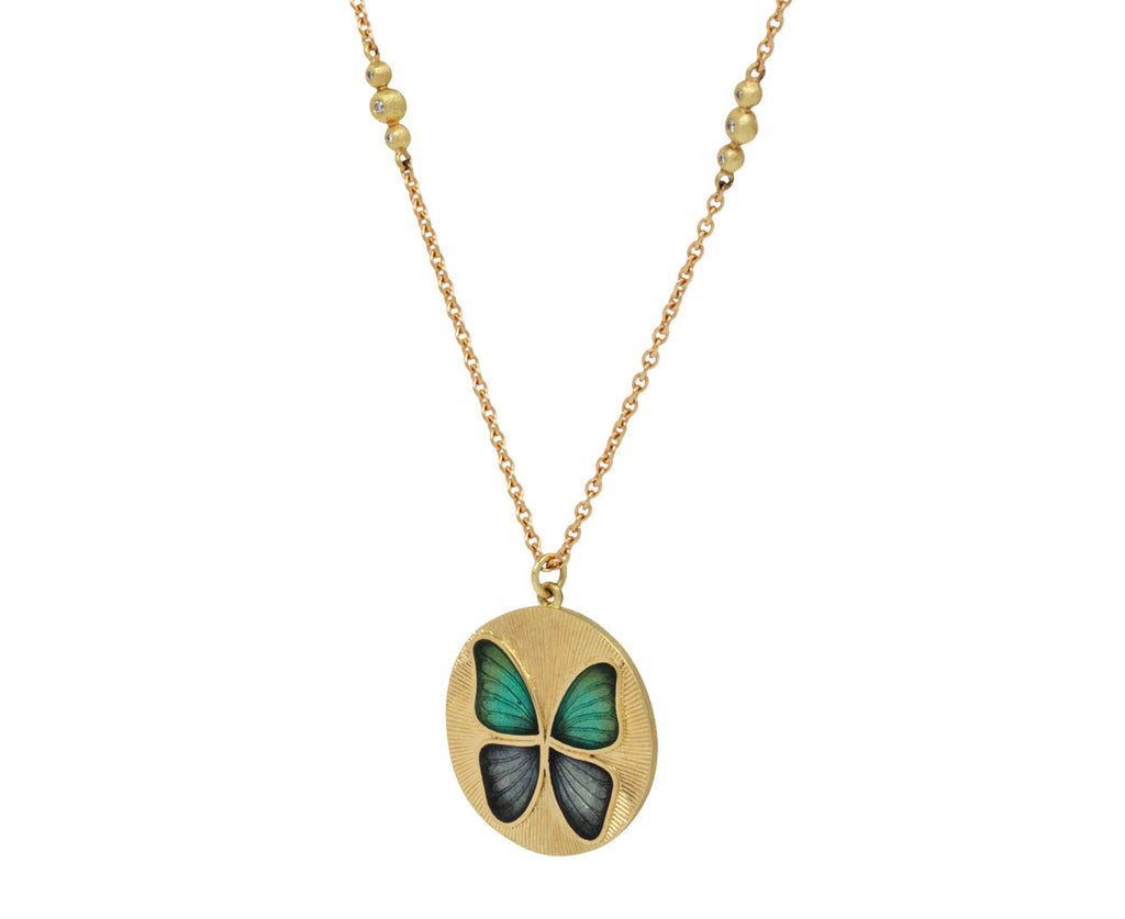 Enamel Butterfly and Diamond Bead Chain Necklace