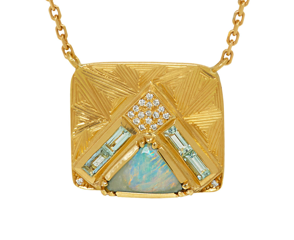 Brooke Gregson Boulder Opal, Emerald and Diamond Geo Pendant Necklace - closeup