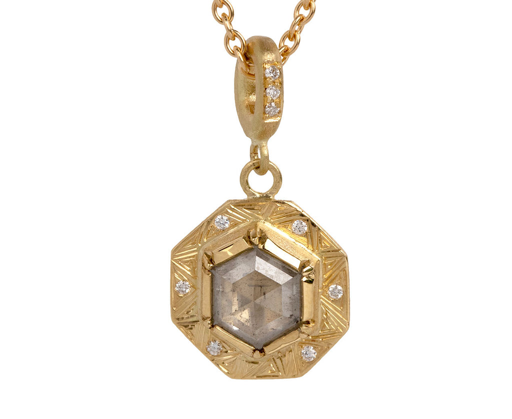 Brooke Gregson Geo Engraved Diamond Shield Pendant Necklace Close Up