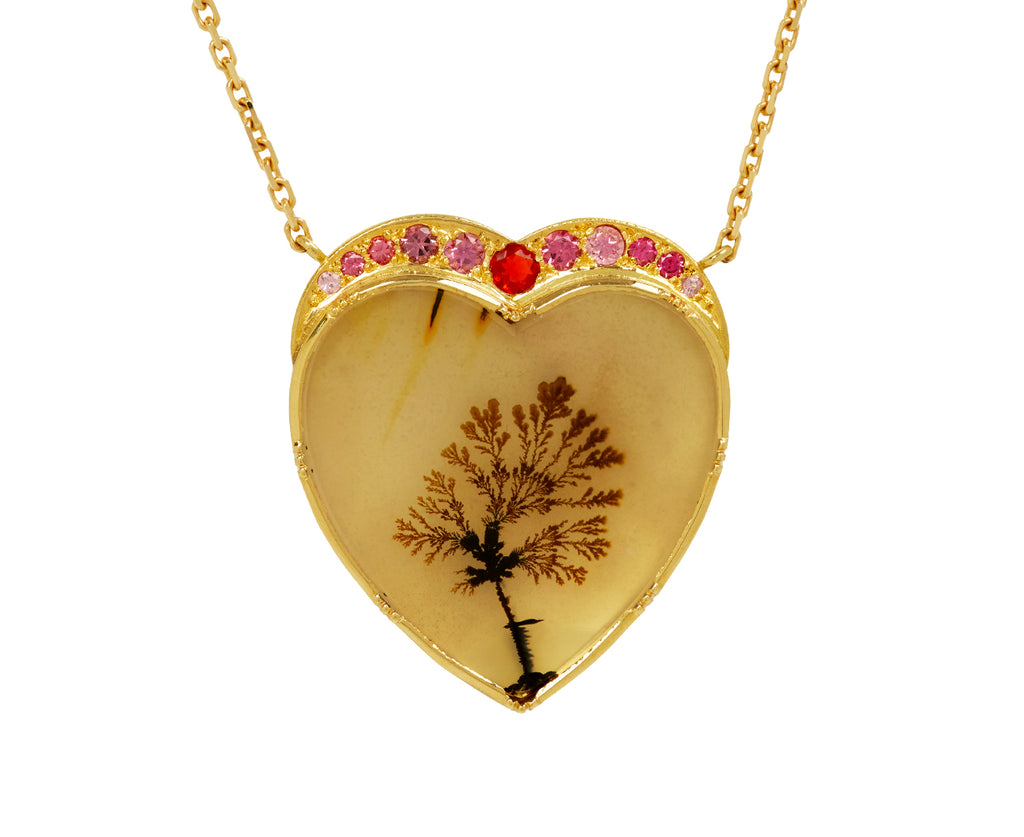 Brooke Gregson Dendritic Agate Fire Opal and Spinel Sycamore Heart Pendant Necklace - closeup