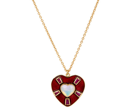 Opal, Ruby and Enamel Heart Pendant Necklace
