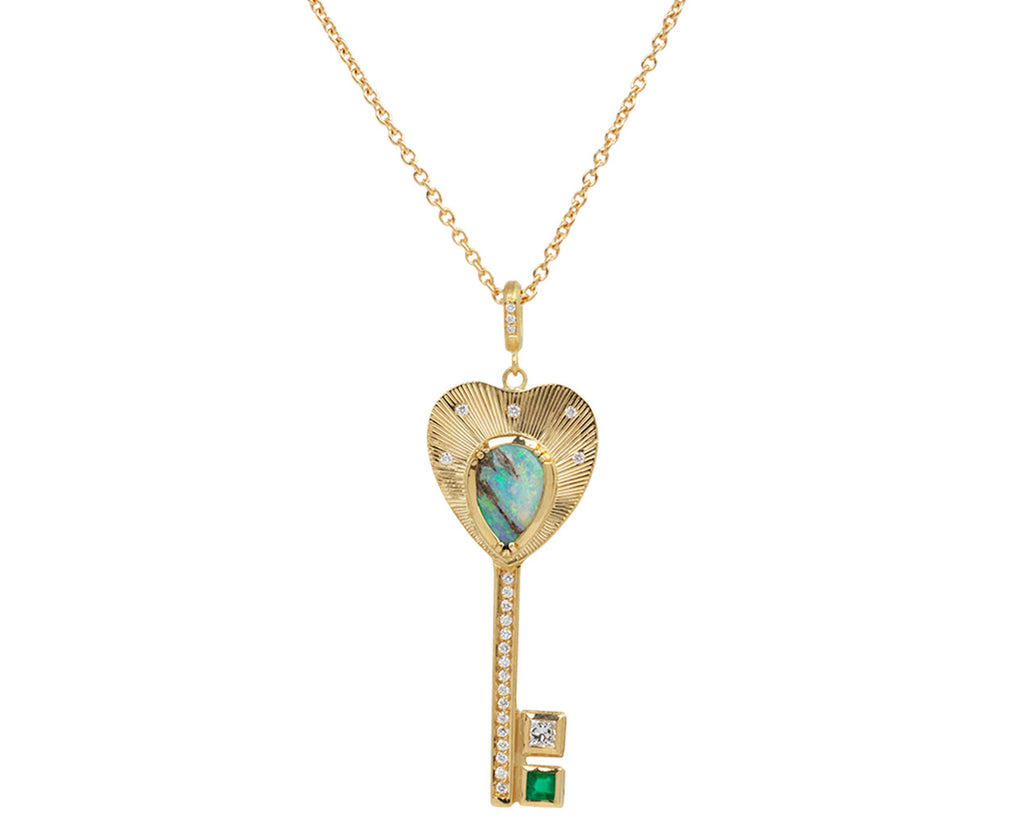 Opal, Diamond and Emerald Key Pendant Necklace
