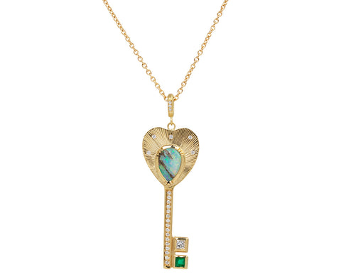 Opal, Diamond and Emerald Key Pendant Necklace