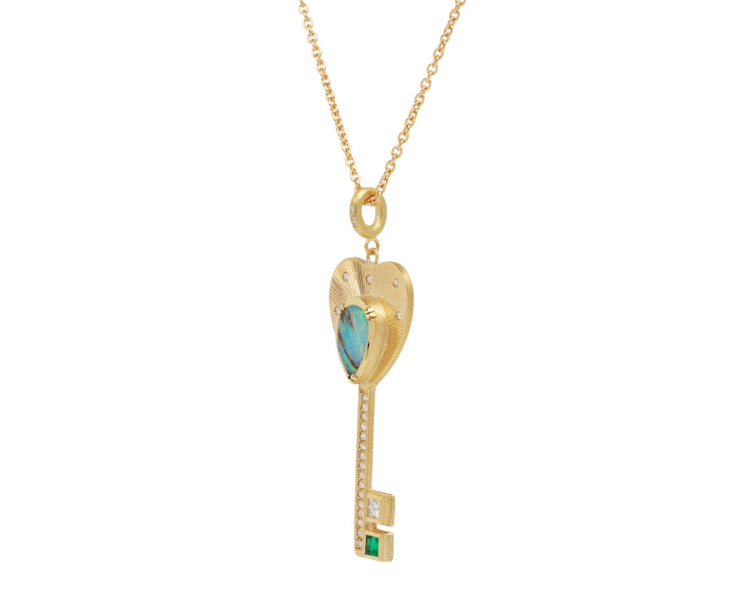 Opal, Diamond and Emerald Key Pendant Necklace