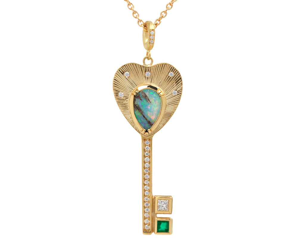 Opal, Diamond and Emerald Key Pendant Necklace