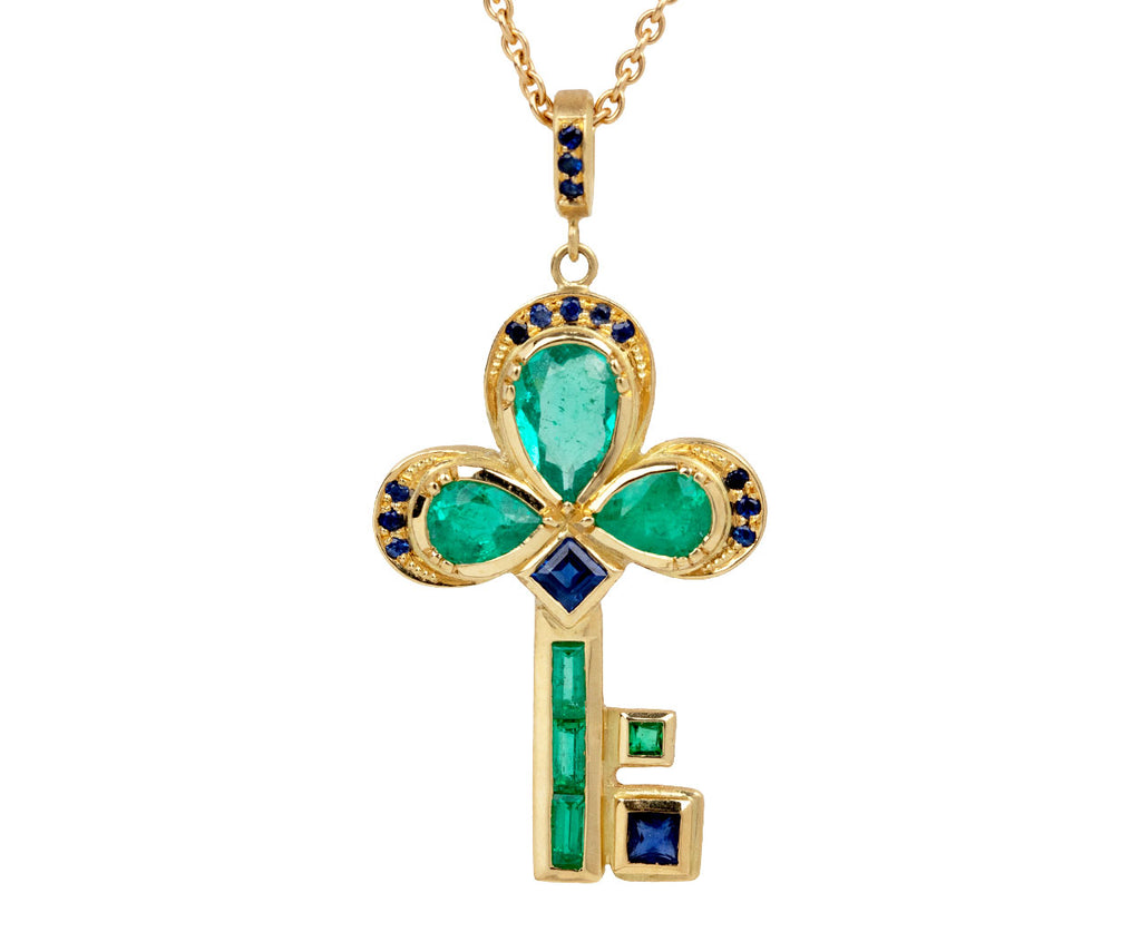 Emerald and Sapphire Key Pendant Necklace