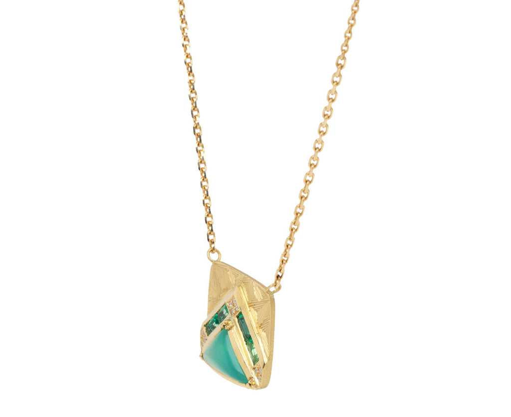 Peruvian Opal and Emerald Pyramid Engraved Pendant Necklace