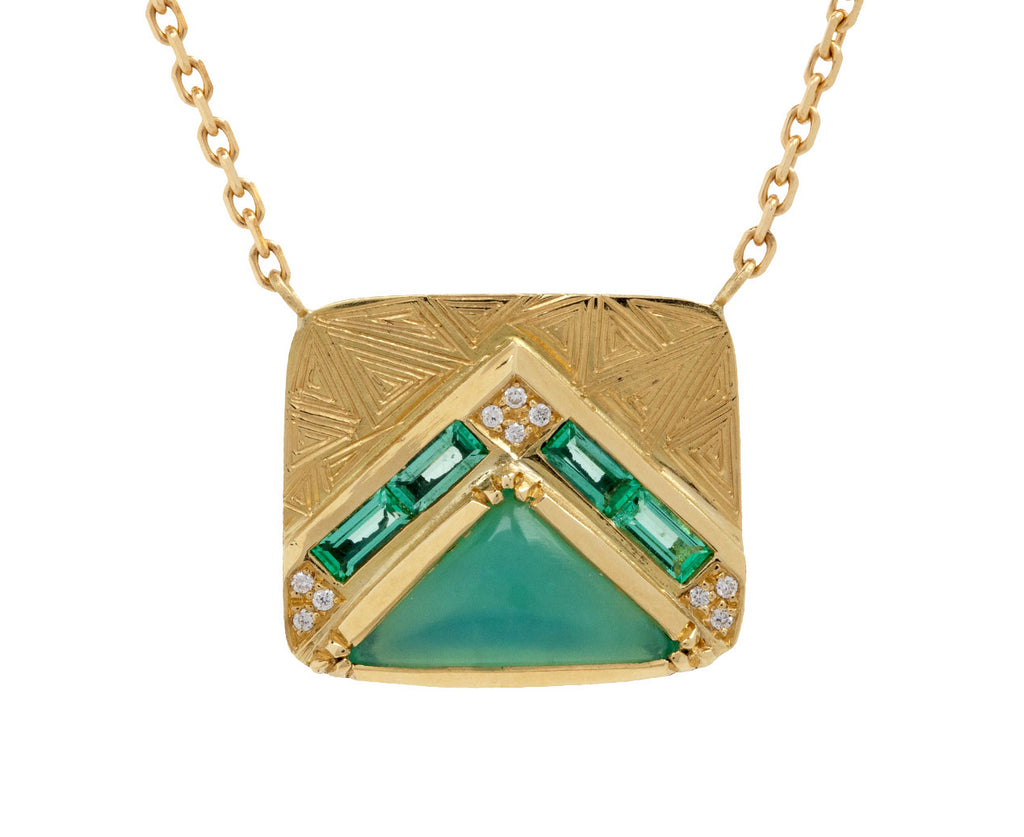 Peruvian Opal and Emerald Pyramid Engraved Pendant Necklace