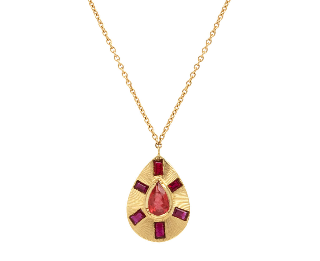 Teardrop Shield Rhodonite and Ruby Pendant Necklace
