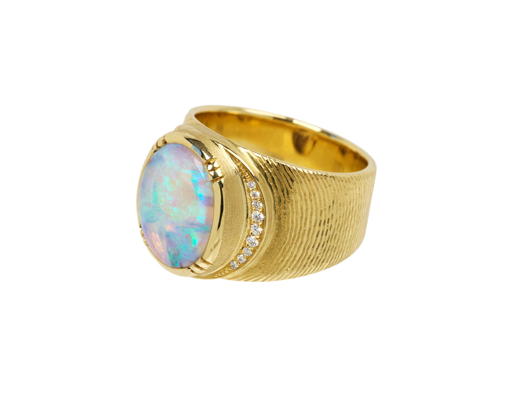 Crystal Opal Ellipse Engraved Ring