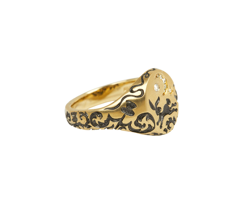 Black Rabbit and Diamond Moon Mini Signet Ring