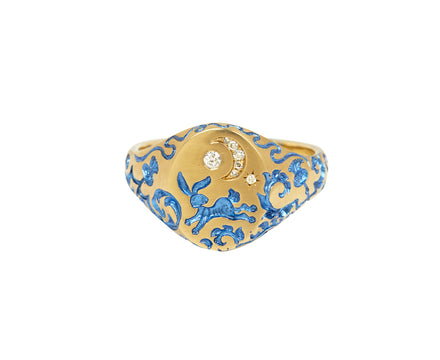 Blue Rabbit and Diamond Moon Mini Signet Ring