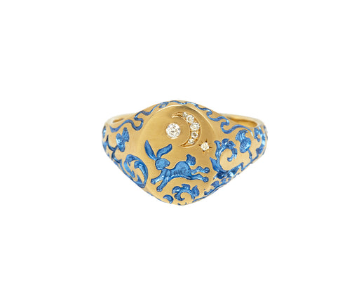Blue Rabbit and Diamond Moon Mini Signet Ring