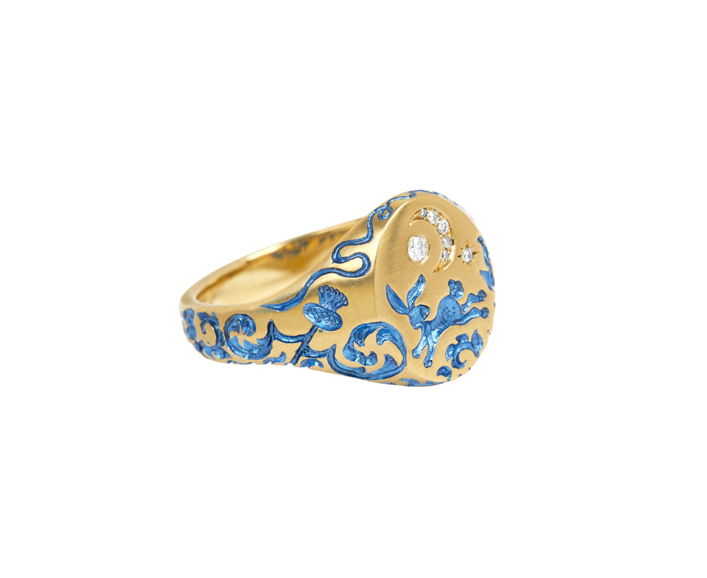 Blue Rabbit and Diamond Moon Mini Signet Ring