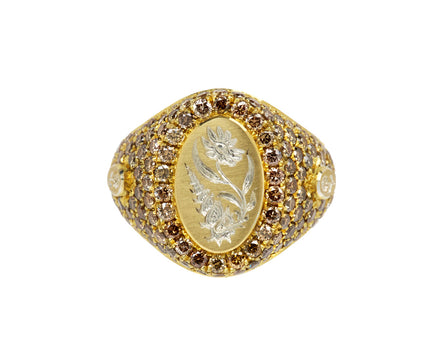 Diamond Flower and Conch Signet Ring