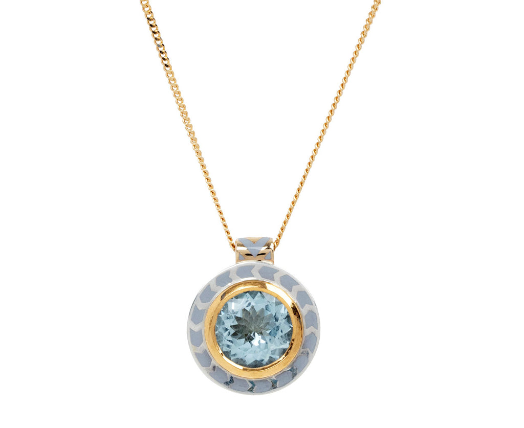 Round Aquamarine Silver Tile Pendant Necklace