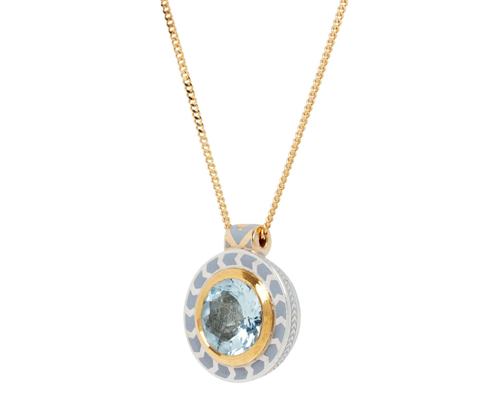 Round Aquamarine Silver Tile Pendant Necklace