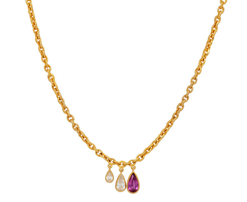Triple Pear Diamond and Pink Sapphire Fairy Chain Necklace