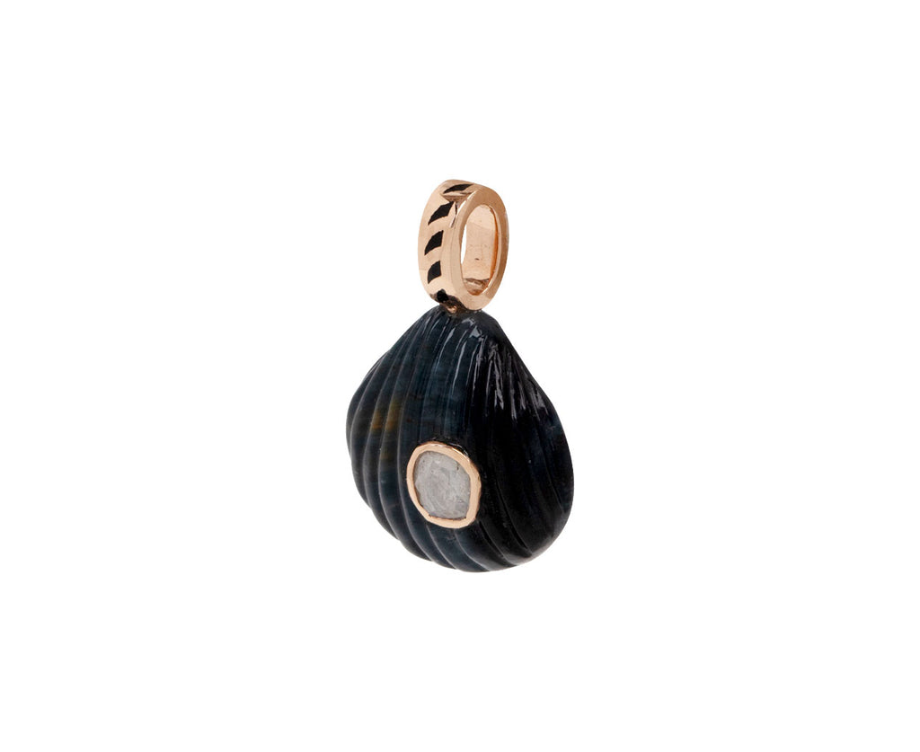 Dezso Carved Blue Tigers Eye and Polki Diamond Andara Shell Pendant ONLY - Angled View