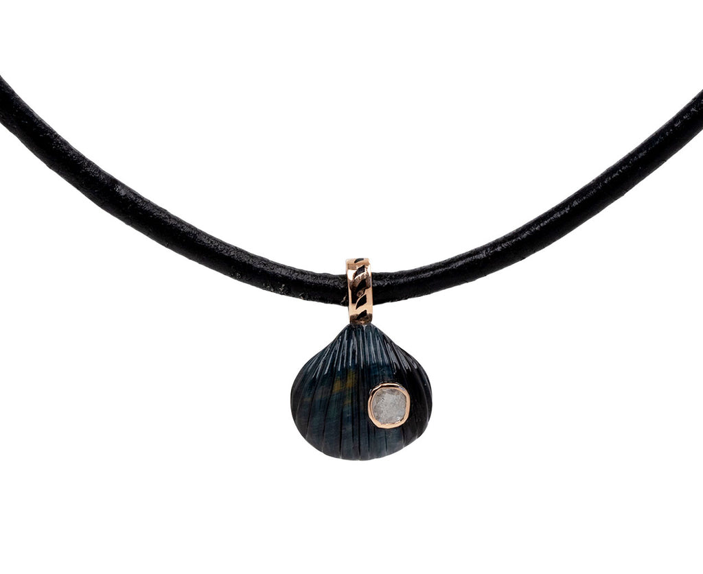 Dezso Carved Blue Tigers Eye and Polki Diamond Andara Shell Pendant ONLY - Closeup