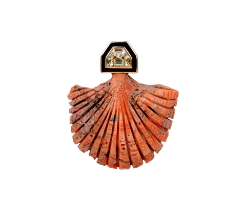 Carved Coral Clam with Pale Yellow Sapphire Pendant ONLY