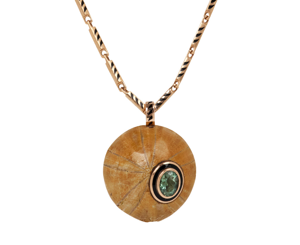 Dezso Fossilized Sand Dollar Charm with Aquamarine - Closeup