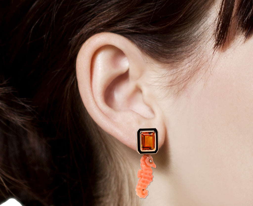 Coral Seahorse and Citrine Earrings