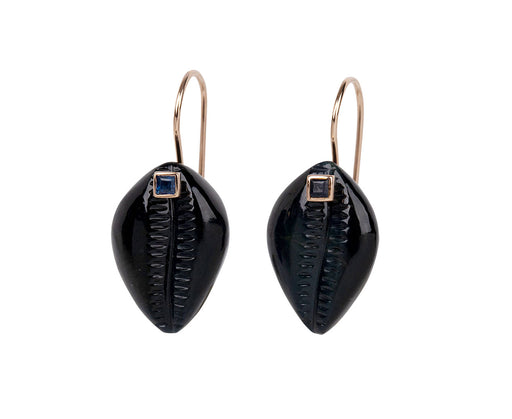 Blue Tigers Eye and Sapphire Cowrie Shell Earrings