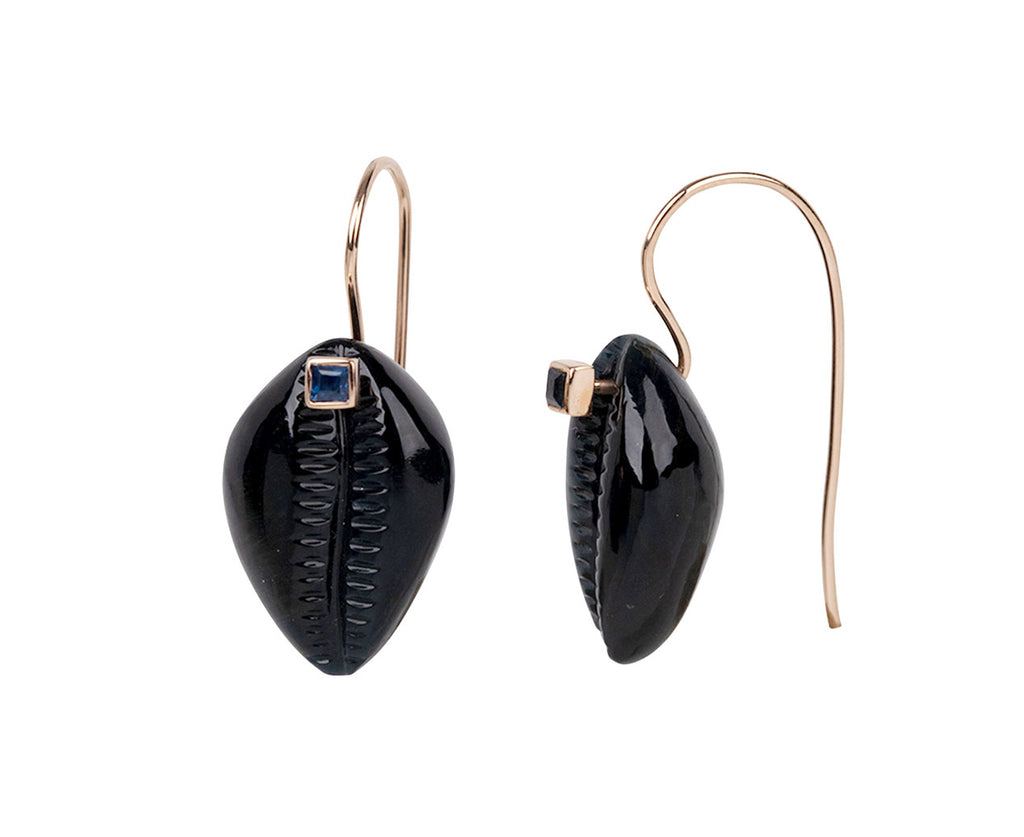 Blue Tigers Eye and Sapphire Cowrie Shell Earrings